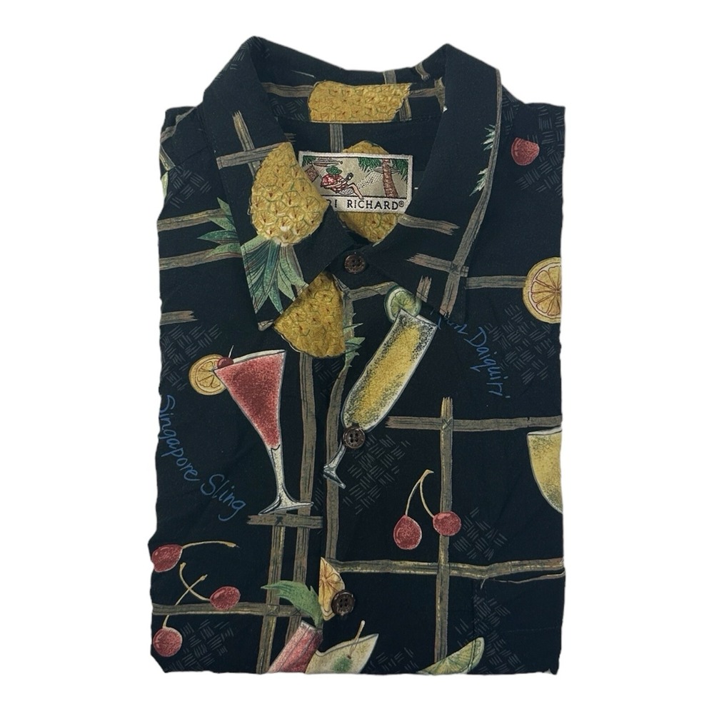 Tori Richard Pure Silk Black Martini Fruit Hawaiian SS Button Front Shirt Mens L
